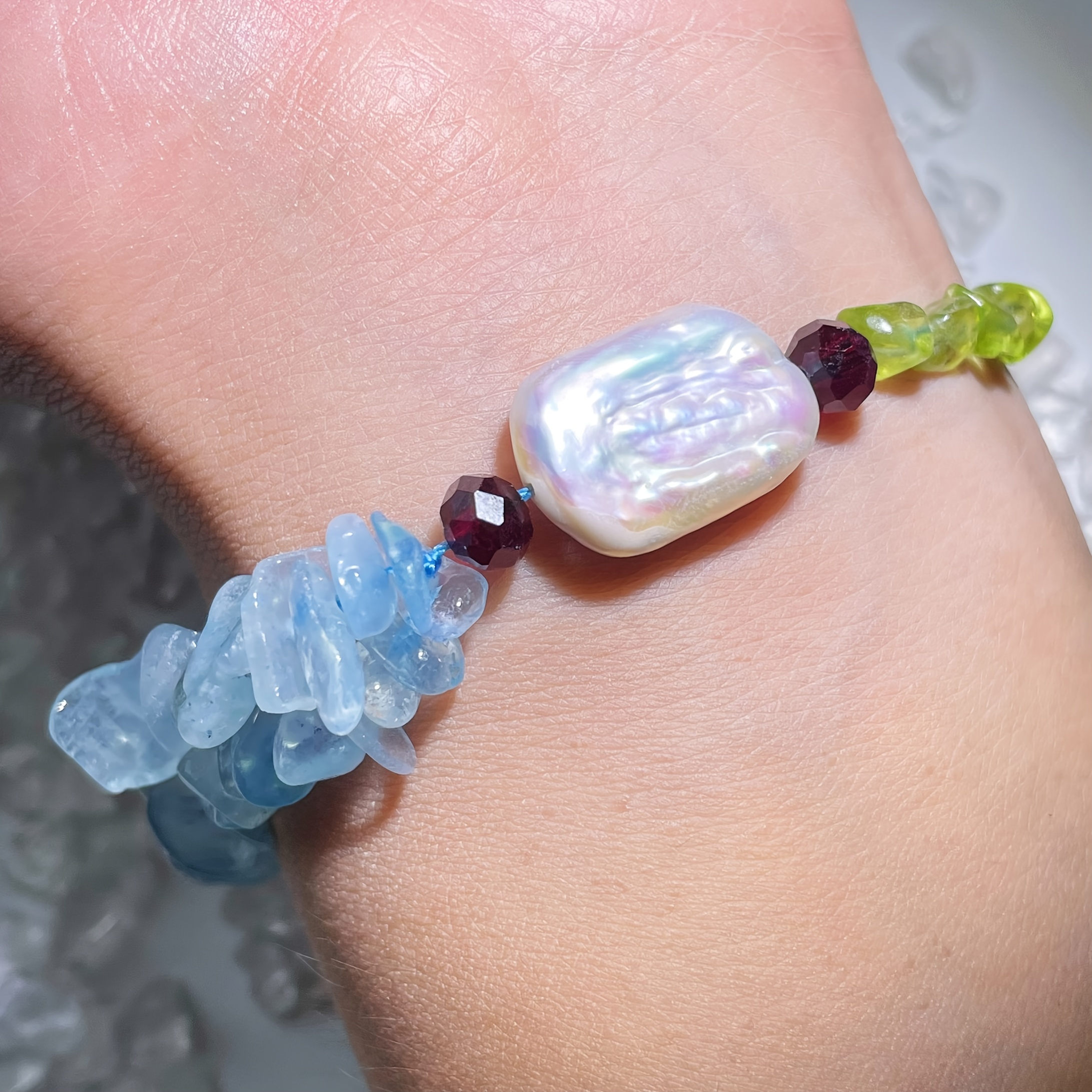 Handmade Adjustable Aquamarine & Peridot Bracelet, Y2K Boho Style